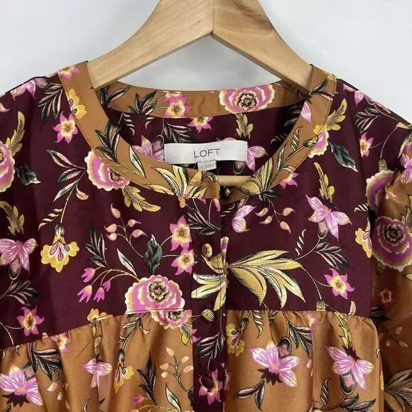 Loft Top Size Small Rust Mix Floral Print Long Sleeve Henley Top Puff Sleeve - Picture 3 of 10